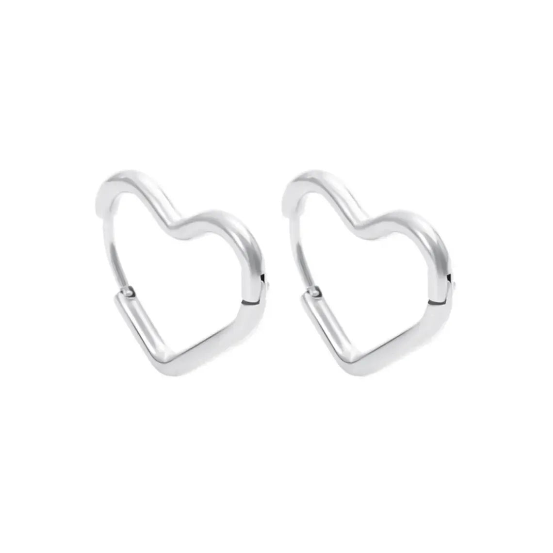 A pair of 925 sterling silver minimalist geometric heart hoop earrings, isolated on a white background.