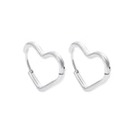 A pair of 925 sterling silver minimalist geometric heart hoop earrings, isolated on a white background.