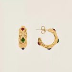 A pair of 18K gold plated vintage quilted hoop earrings featuring red, green, and blue gemstones.