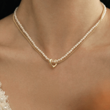 Double Strand Pearl Gold Heart Necklace