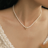 Double Strand Pearl Gold Heart Necklace