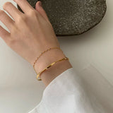 14K Gold Plated Double Layer Chain Bracelet With Geometric Half Bangles For Women