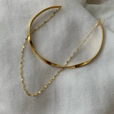 14K Gold Plated Double Layer Chain Bracelet With Geometric Half Bangles For Women