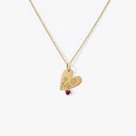 18K gold heart pendant necklace with fresh flower engraving and pink gemstone