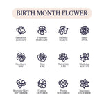 A reference chart showing the twelve beautiful birth month flower designs available for customizing the BirthBloom bracelet.