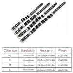 Four black pearl pet collars with rhinestone spacers and black PU leather straps laid flat next to a detailed sizing chart from extra small to large.