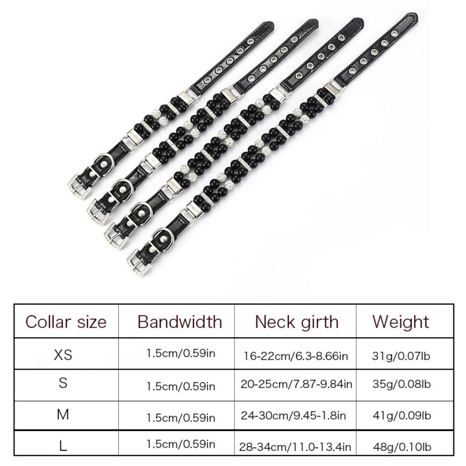 Four black pearl pet collars with rhinestone spacers and black PU leather straps laid flat next to a detailed sizing chart from extra small to large.