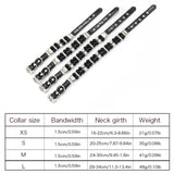 Four black pearl pet collars with rhinestone spacers and black PU leather straps laid flat next to a detailed sizing chart from extra small to large.