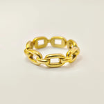 High-polish 18K gold plated chain link ring showing intricate geometric detail on a white background.