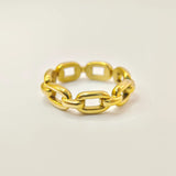 High-polish 18K gold plated chain link ring showing intricate geometric detail on a white background.