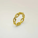 High-polish 18K gold plated chain link ring showing intricate geometric detail on a white background.