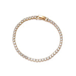 A full circular view of a 18K gold-plated diamond tennis bracelet showing the secure clasp and continuous stone setting.