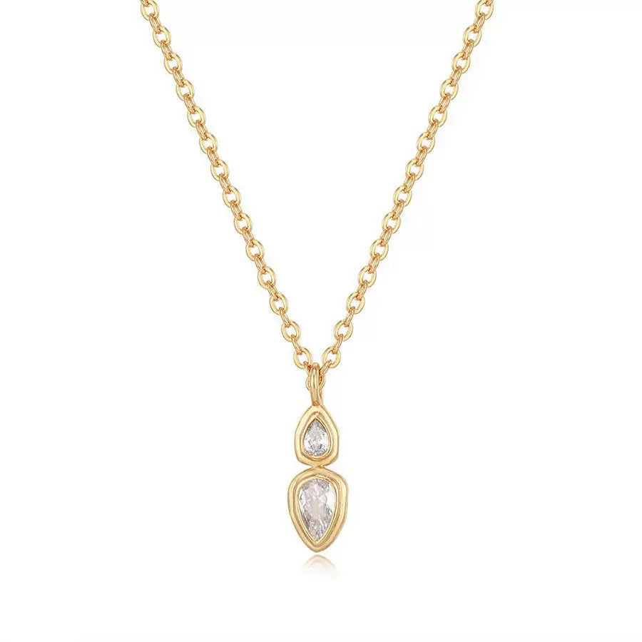 18K gold plated necklace featuring a double teardrop gemstone pendant on a white background.