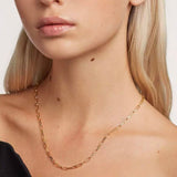 A model wearing the Essential 3mm 18K gold plated paperclip chain necklace, resting perfectly on the collarbone.