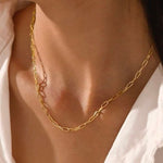 A model wearing the Essential 3mm 18K gold plated paperclip chain necklace, resting perfectly on the collarbone.