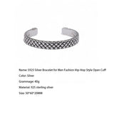 S925 Silver Bracelet for Men Fashion Hip-Hop Style Open Cuff