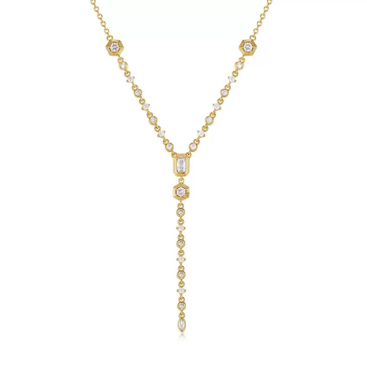 18K gold plated Y-necklace featuring geometric cubic zirconia stones on a white background.