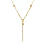 18K gold plated Y-necklace featuring geometric cubic zirconia stones on a white background.