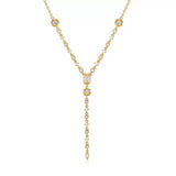 18K gold plated Y-necklace featuring geometric cubic zirconia stones on a white background.