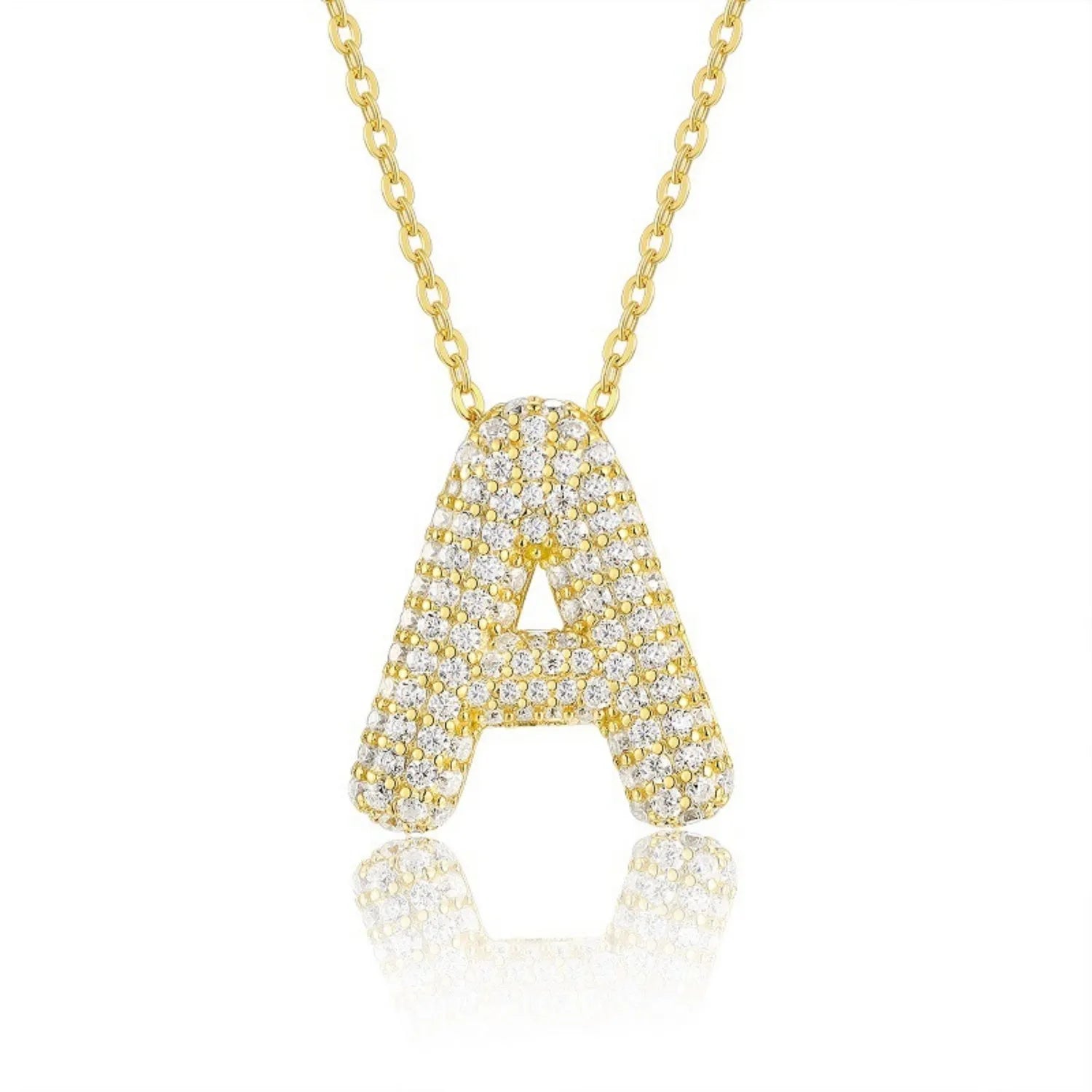 18K gold plated moissanite 3D bubble letter A initial pendant necklace.