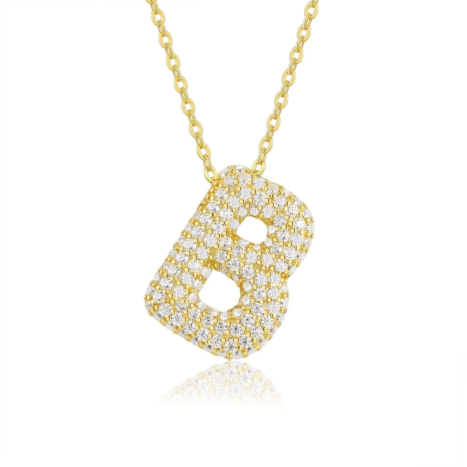 18K gold plated moissanite 3D bubble letter B initial pendant necklace.