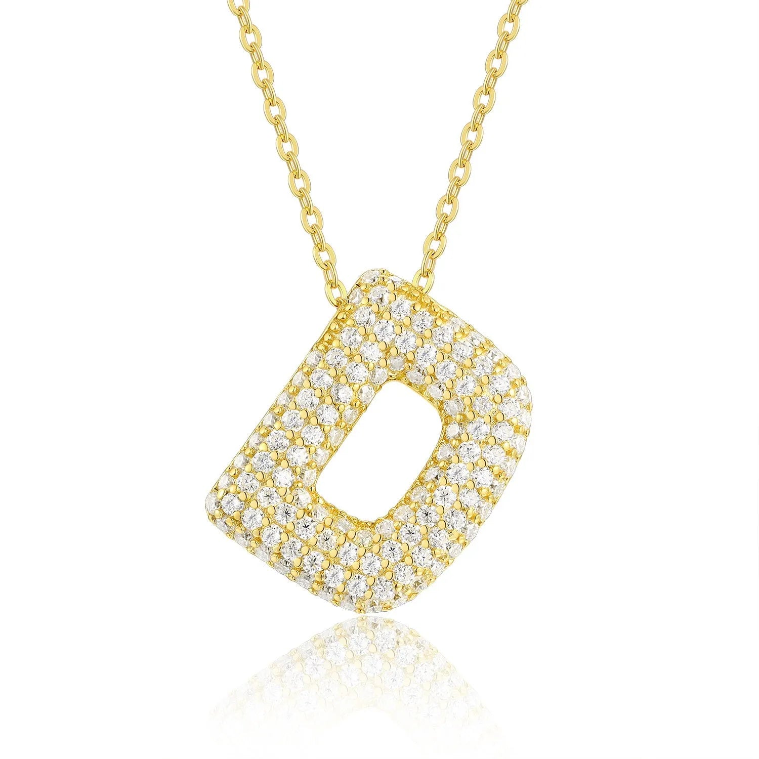 18K gold plated moissanite 3D bubble letter D initial pendant necklace.