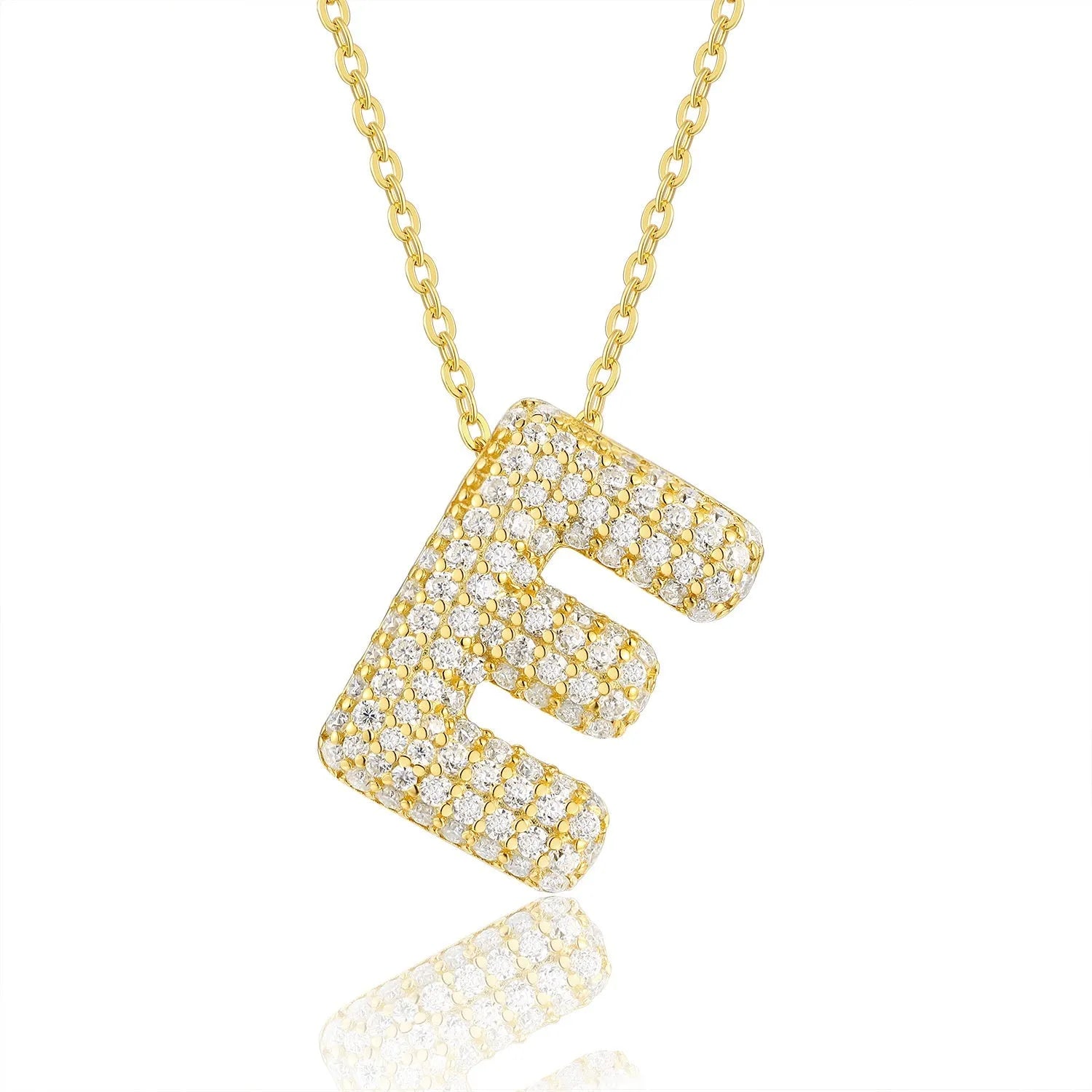 18K gold plated moissanite 3D bubble letter E initial pendant necklace.