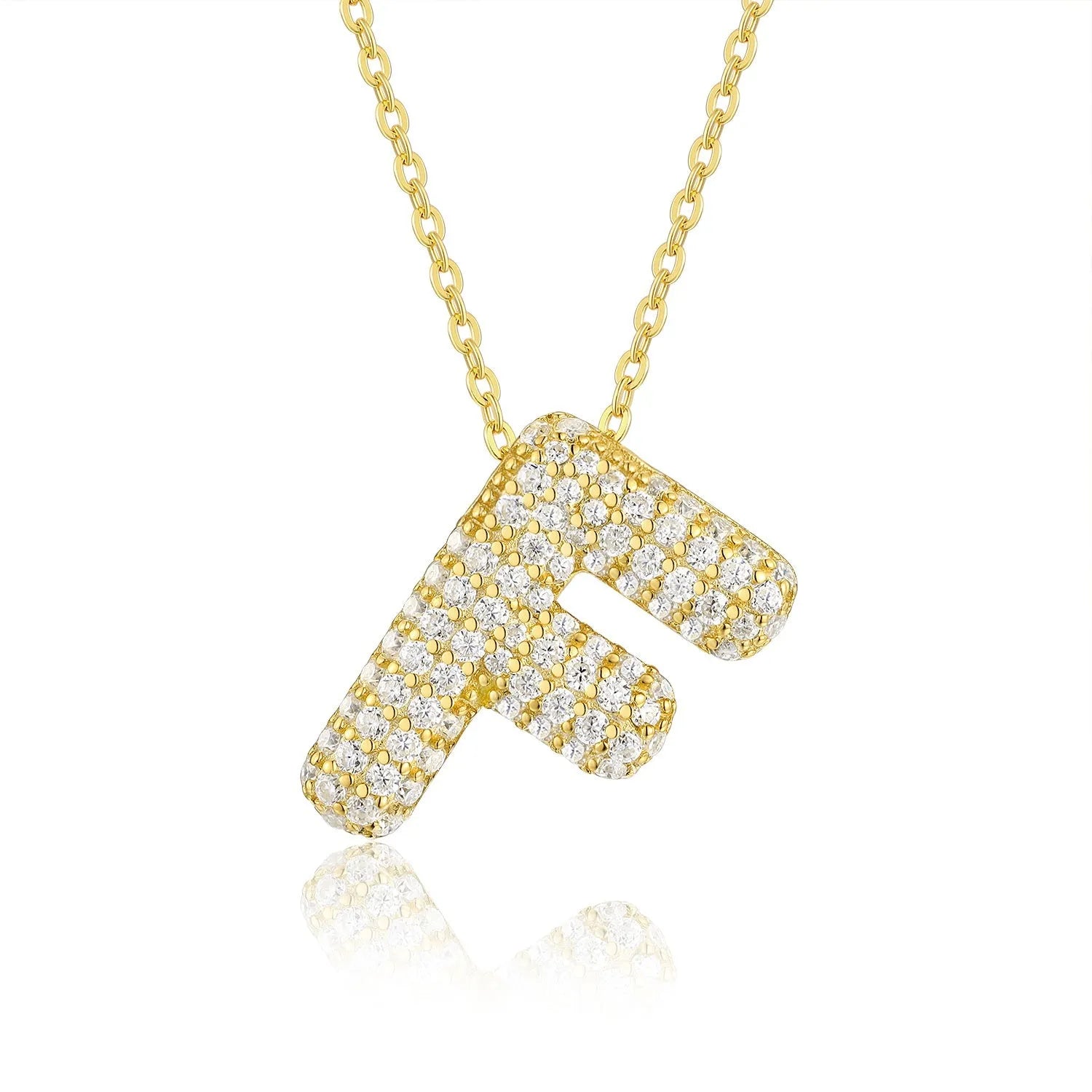 18K gold plated moissanite 3D bubble letter F initial pendant necklace.