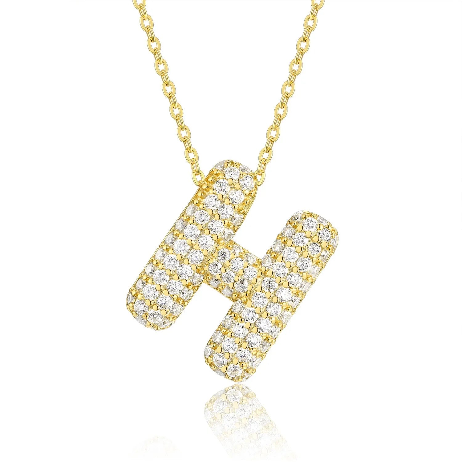 18K gold plated moissanite 3D bubble letter H initial pendant necklace.