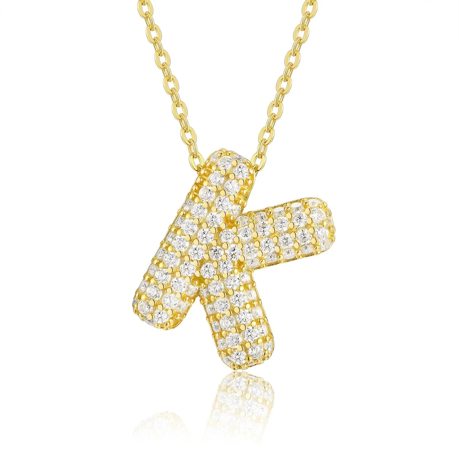 18K gold plated moissanite 3D bubble letter K initial pendant necklace.
