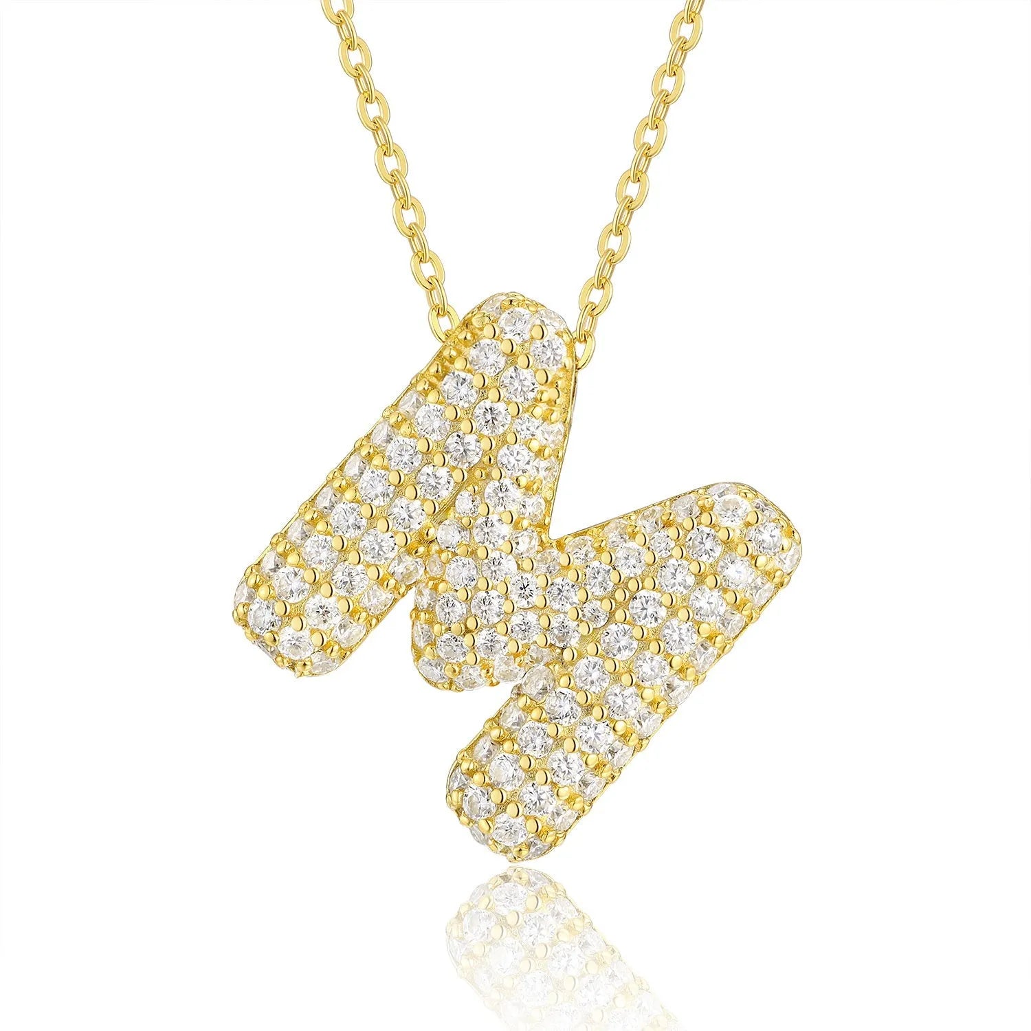 18K gold plated moissanite 3D bubble letter M initial pendant necklace.