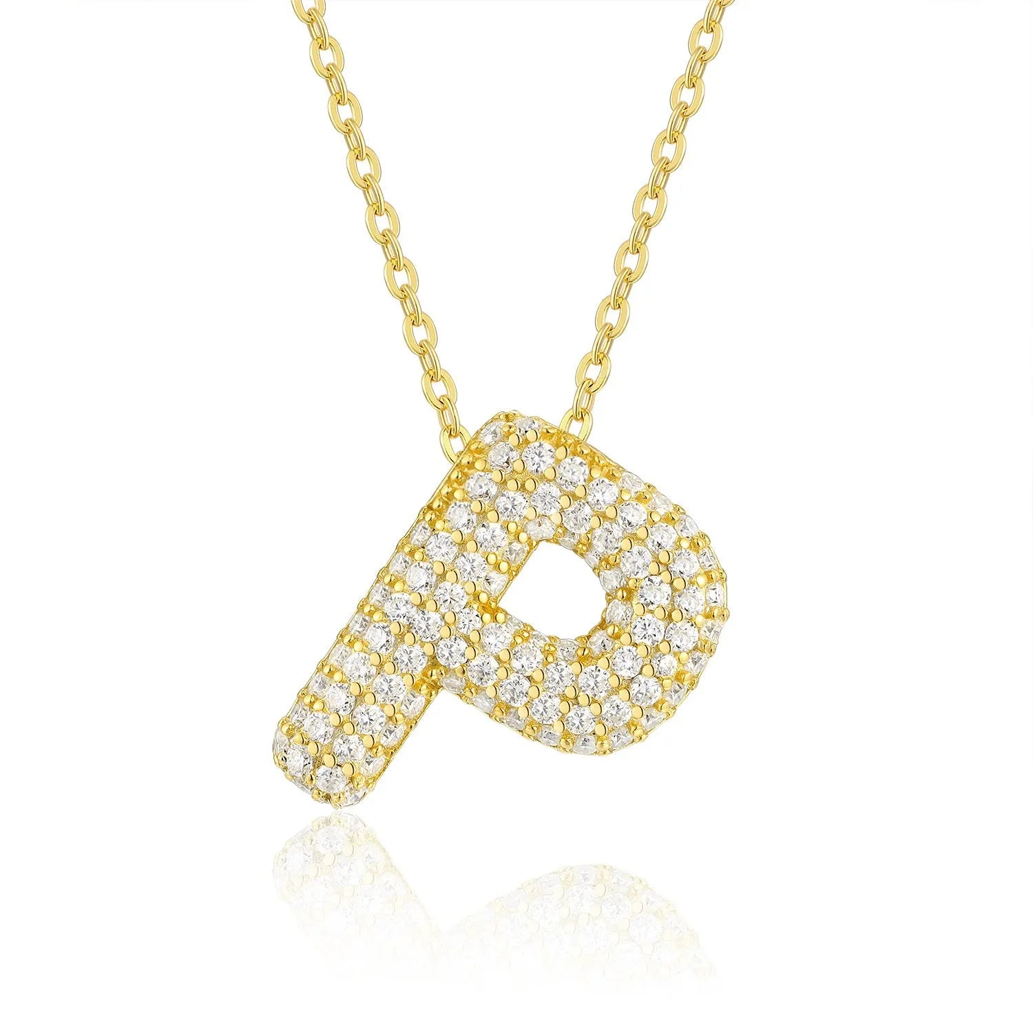 18K gold plated moissanite 3D bubble letter P initial pendant necklace.