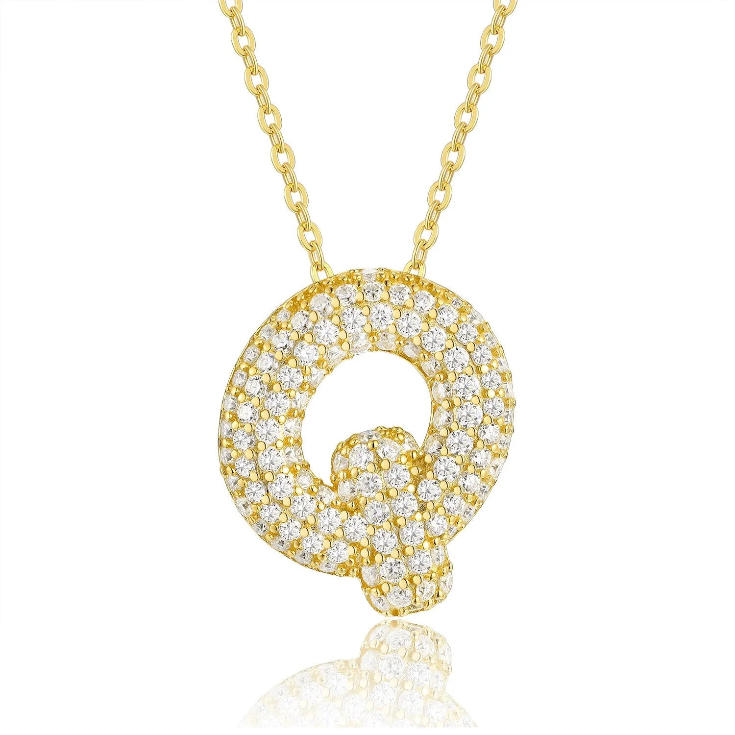 18K gold plated moissanite 3D bubble letter Q initial pendant necklace.