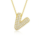 18K gold plated moissanite 3D bubble letter V initial pendant necklace.