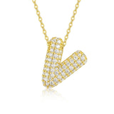 18K gold plated moissanite 3D bubble letter V initial pendant necklace.
