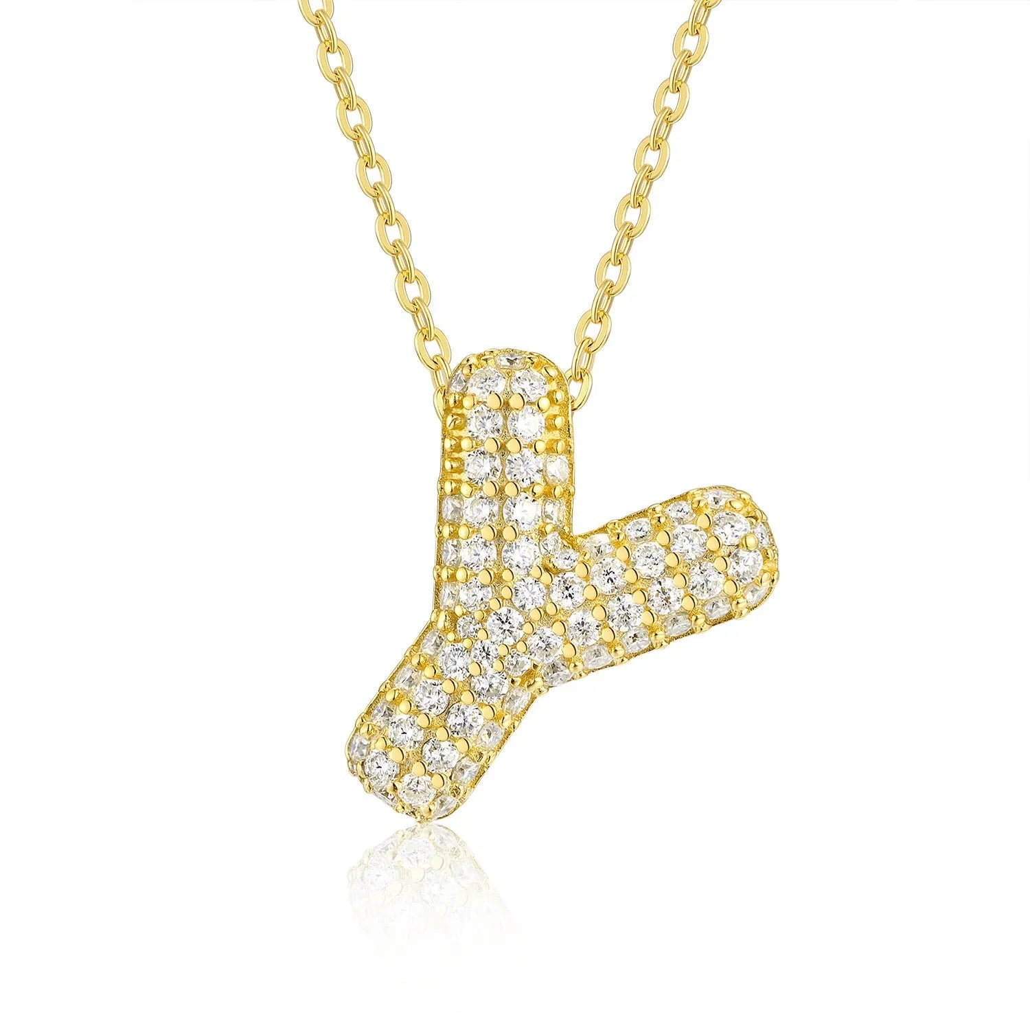 18K gold plated moissanite 3D bubble letter Y initial pendant necklace.