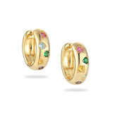 Professional studio shot of a pair of 18K gold-plated thick hoops with vibrant, multi-colored gemstone embellishments.