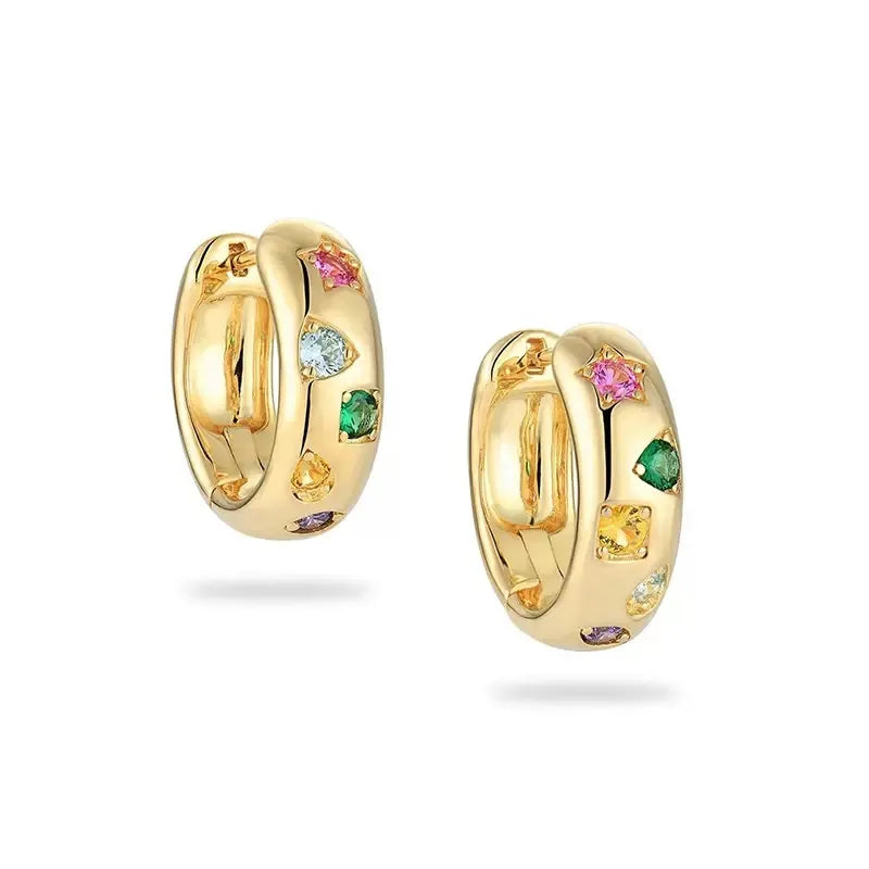 Professional studio shot of a pair of 18K gold-plated thick hoops with vibrant, multi-colored gemstone embellishments.
