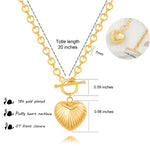 Size guide and dimensions for the 18K gold ribbed heart toggle necklace, showing a 20-inch total length and a 0.98-inch puffy heart pendant.