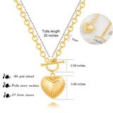 Size guide and dimensions for the 18K gold ribbed heart toggle necklace, showing a 20-inch total length and a 0.98-inch puffy heart pendant.