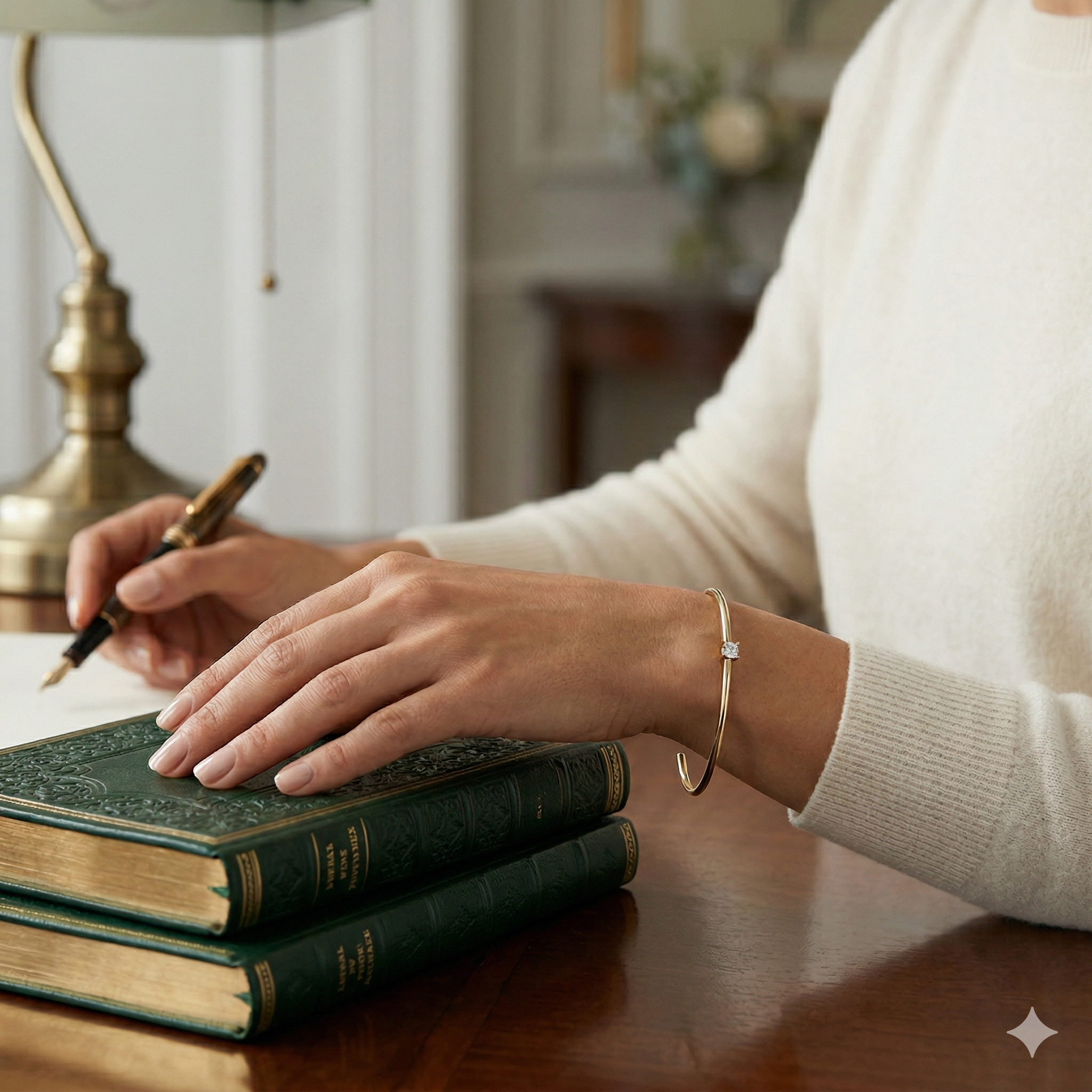 A businesswoman in a cozy beige knit sweater wearing a minimalist gold solitaire open cuff bangle while writing on a vintage book.