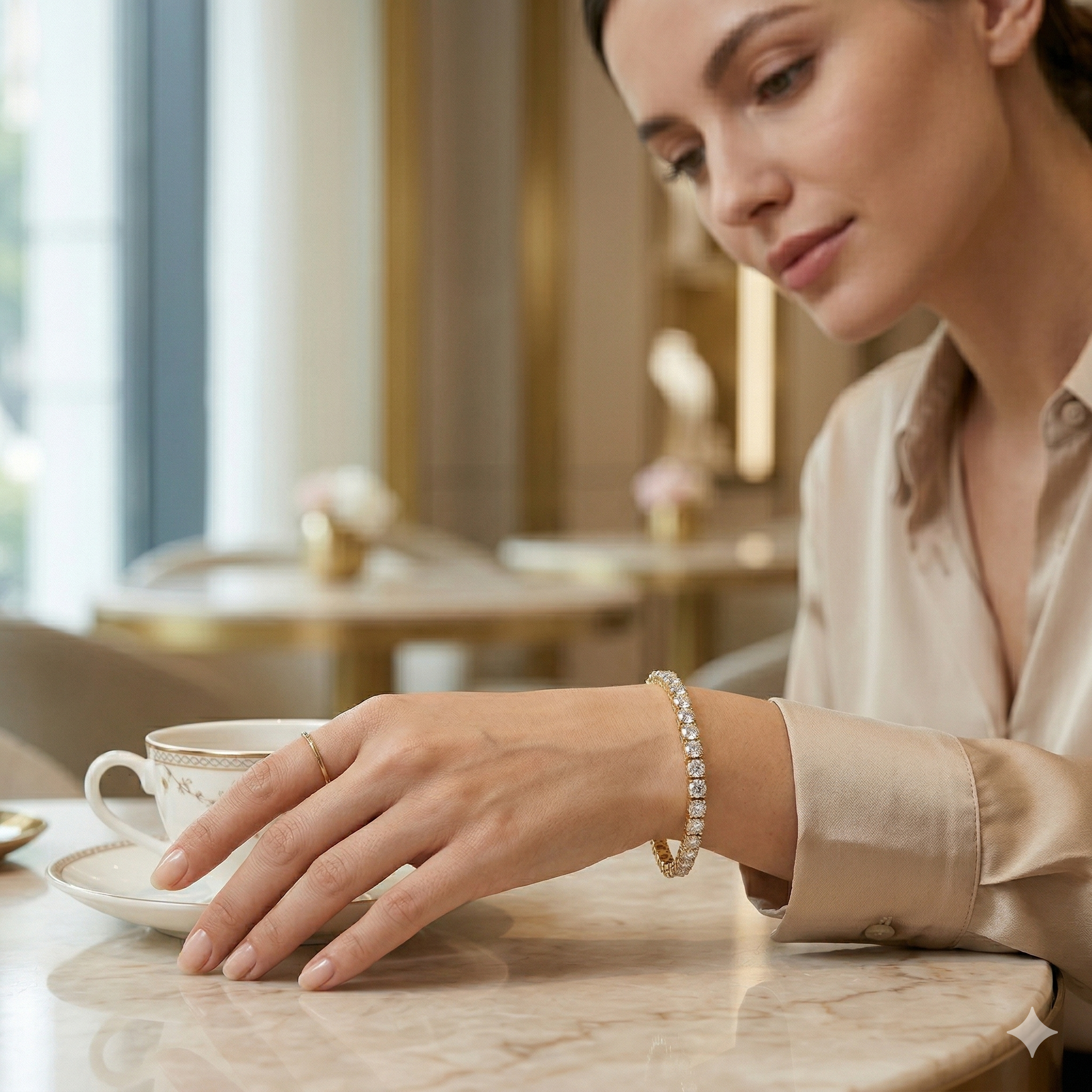 A woman in an elegant beige silk shirt wearing a gold diamond tennis bracelet while enjoying coffee at a cafe.
