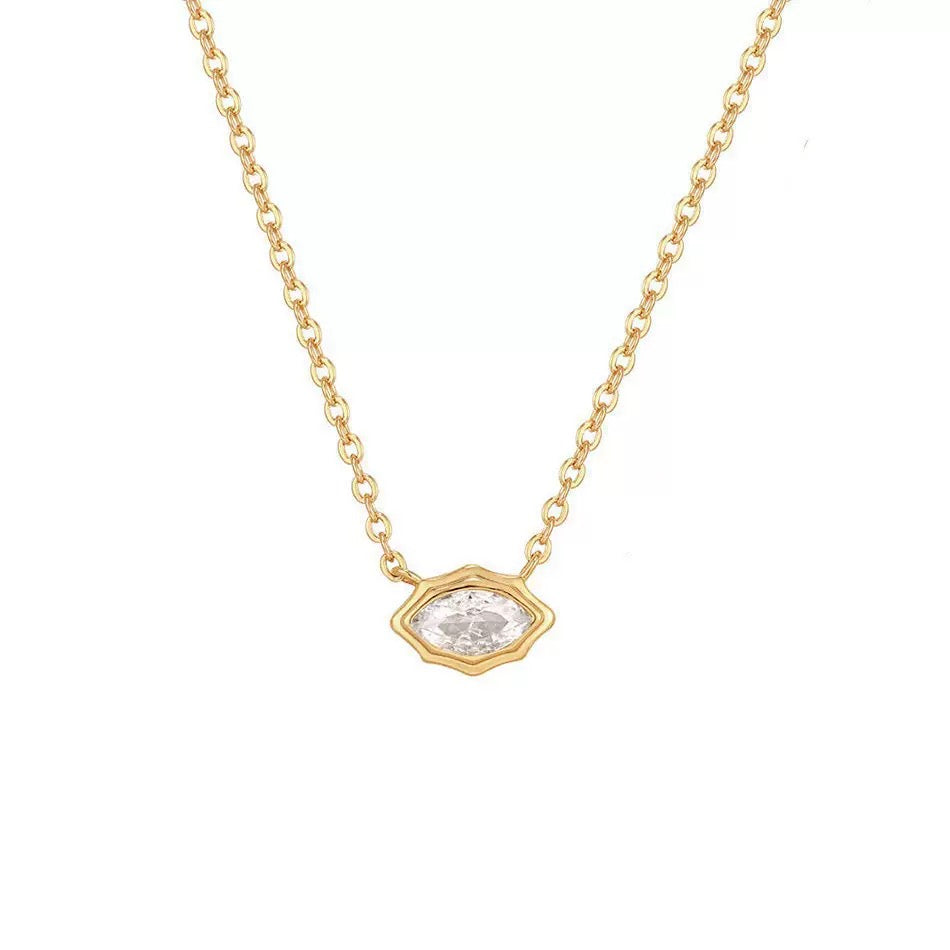 18K gold plated necklace with a single marquise-cut gemstone on a white background.