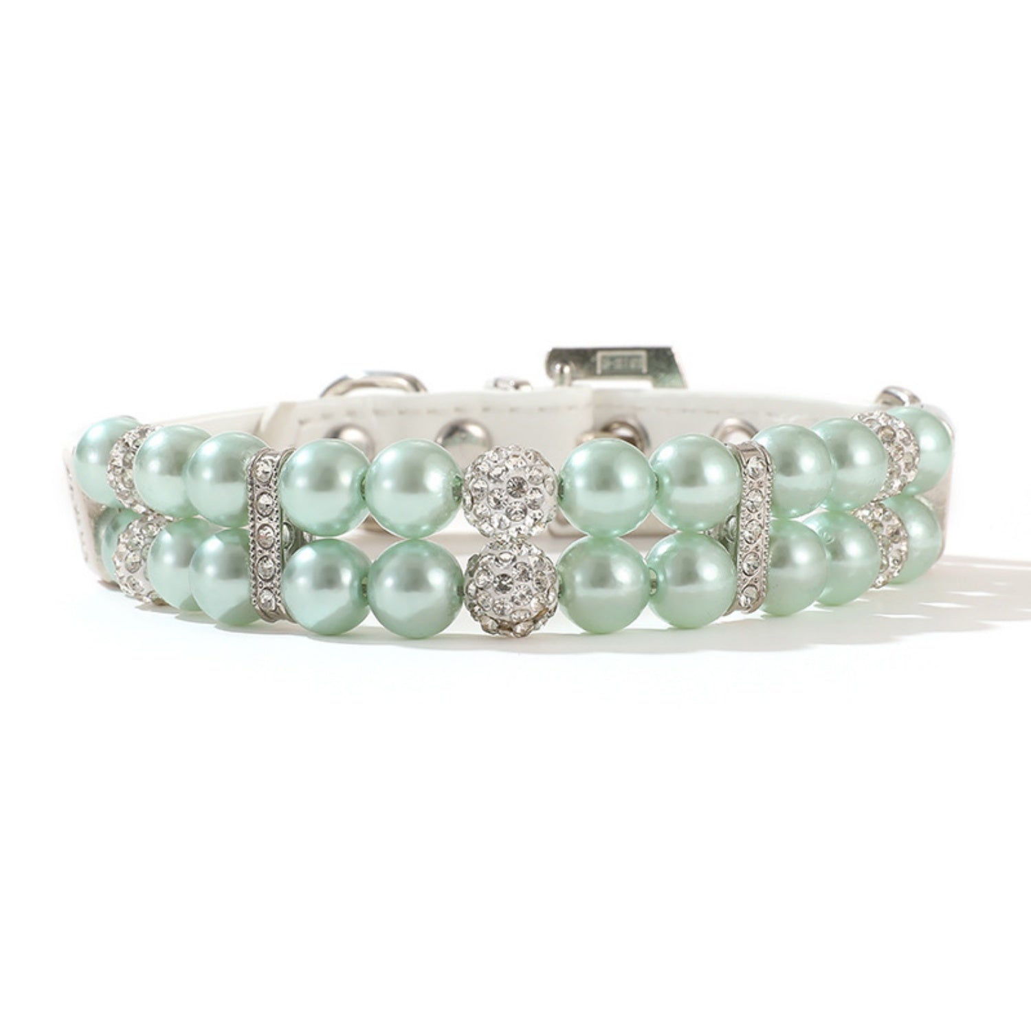 Single mint green simulated pearl pet collar with rhinestones.