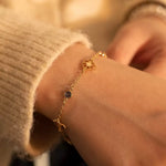 Close-up of a woman's wrist wearing a personalized gold birth flower and birthstone station bracelet.
