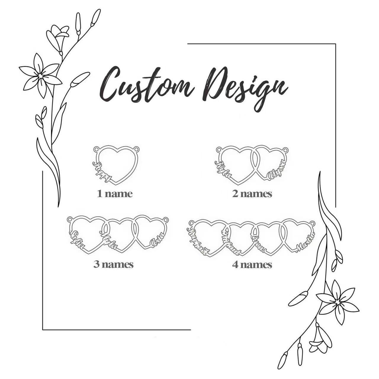 Custom design guide showing options for 1 name, 2 names, 3 names, and 4 names on the interlocking heart charms.