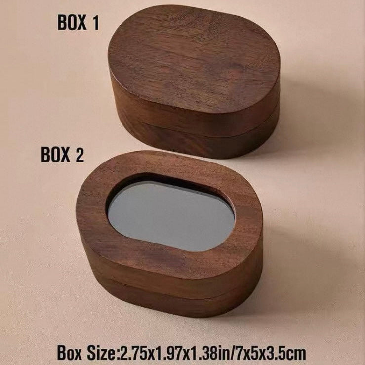 Cufflinks in gold, silver, rose gold, and black with wooden boxes on a beige background.