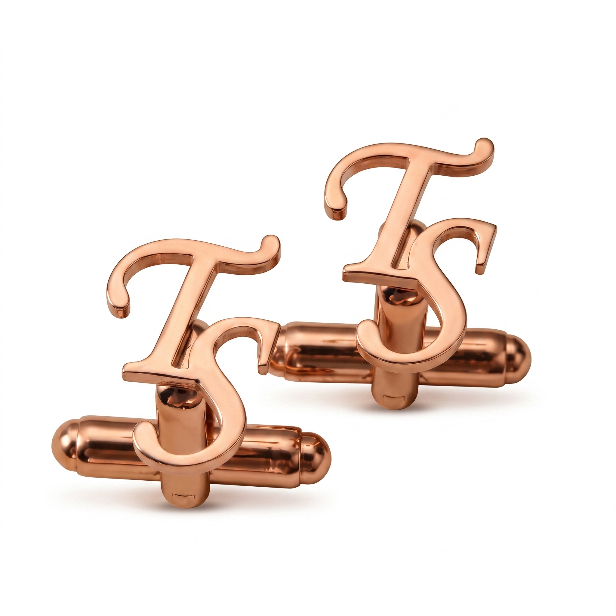 Rose gold cufflinks with 'TS' initials on a white background
