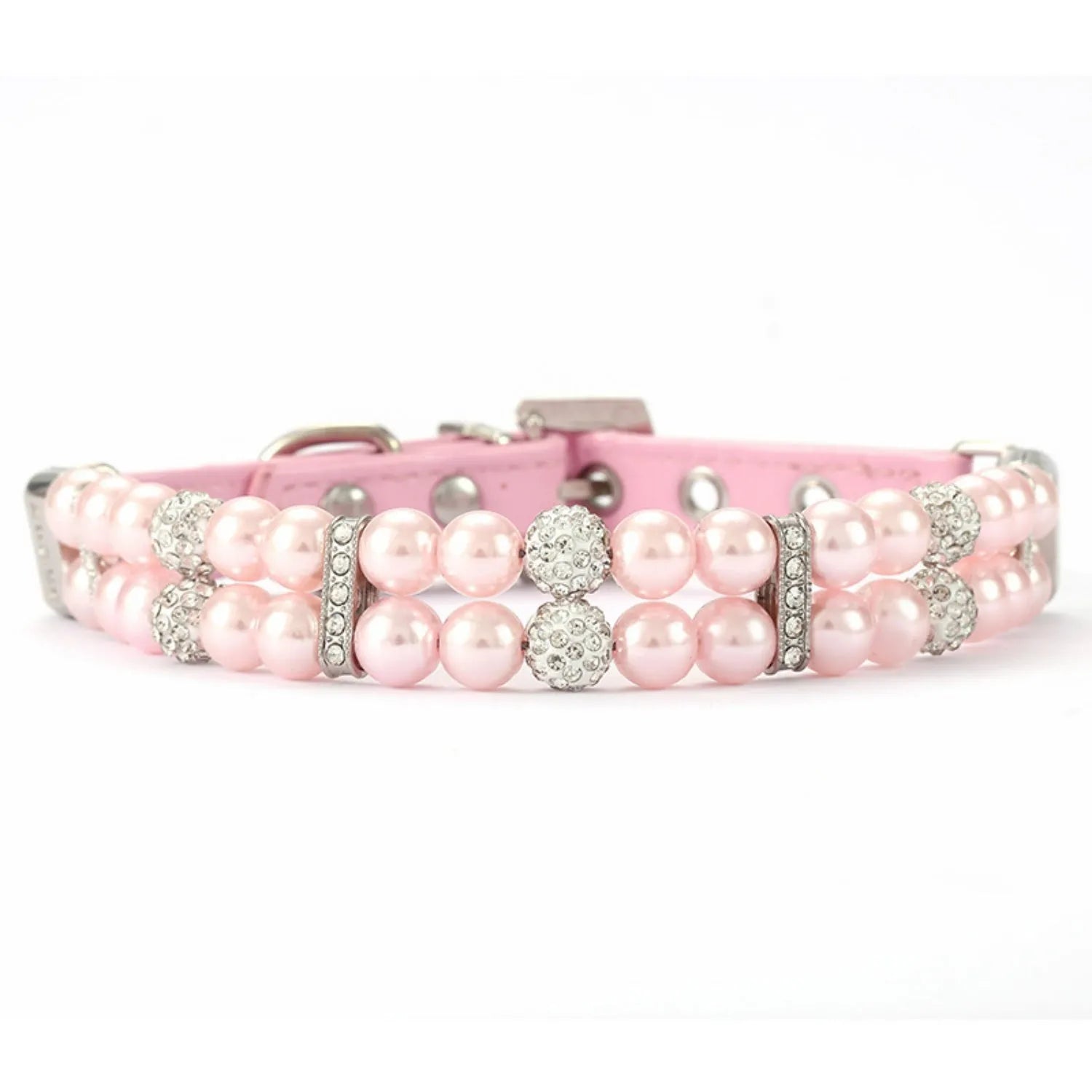 Single pink pearl pet collar featuring silver-tone rhinestone sections.