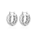 A pair of 925 sterling silver hoop earrings featuring a sophisticated quilted diamond pattern on a white background.